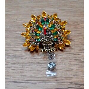 Sparkling Rhinestone Turkey Retractable ID Badge Reel ID Holder Thanksgiving